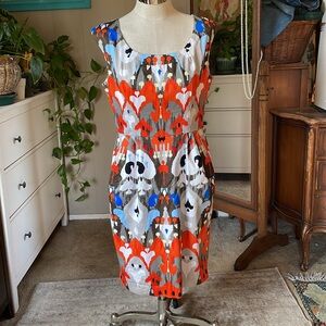 Maggy London Blue & Orange Geometric Print Sleeveless Women's Sheath Dress Sz 14